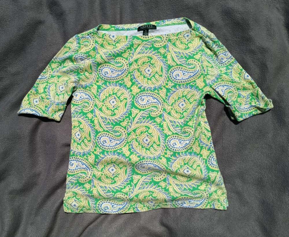 Ralph Lauren Cotton Green Yellow Paisley Cuff Short Sleeve Boatneck Top Medium